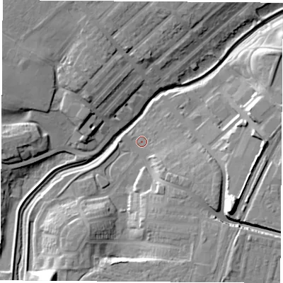 Shaded relief map of the ground around TS190AS, computed from Environment Agency LiDAR. The ground here sits at about 7 m above sea level and falls 17 m across the surrounding 800 m. Surface water reaching this point runs off ground lying to the south-south-west, 8.5 m higher.