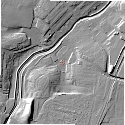 Shaded relief map of the ground around TS190AT, computed from Environment Agency LiDAR. The ground here sits at about 7 m above sea level and falls 18 m across the surrounding 800 m. Surface water reaching this point runs off ground lying to the south-south-west, 16.2 m higher.