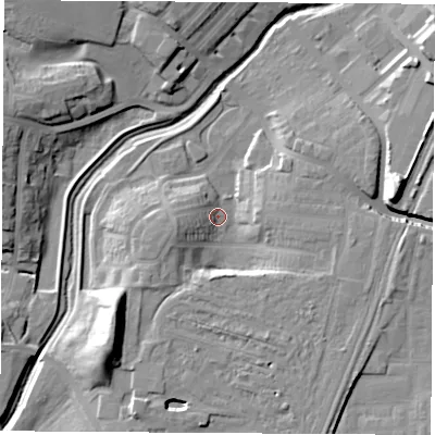 Shaded relief map of the ground around TS190AU, computed from Environment Agency LiDAR. The ground here sits at about 8 m above sea level and falls 18 m across the surrounding 800 m. Surface water reaching this point runs off ground lying to the south-west, 15.7 m higher.