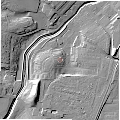 Shaded relief map of the ground around TS190AX, computed from Environment Agency LiDAR. The ground here sits at about 11 m above sea level and falls 18 m across the surrounding 800 m. Surface water reaching this point runs off ground lying to the west-south-west, 4.7 m higher.