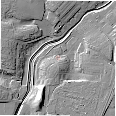 Shaded relief map of the ground around TS190AY, computed from Environment Agency LiDAR. The ground here sits at about 9 m above sea level and falls 18 m across the surrounding 800 m. Surface water reaching this point runs off ground lying to the south, 6.3 m higher.