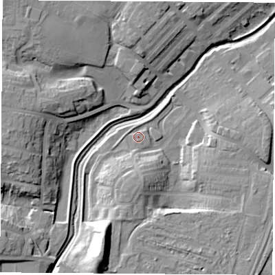 Shaded relief map of the ground around TS190AZ, computed from Environment Agency LiDAR. The ground here sits at about 8 m above sea level and falls 18 m across the surrounding 800 m. Surface water reaching this point runs off ground lying to the south, 7.6 m higher.