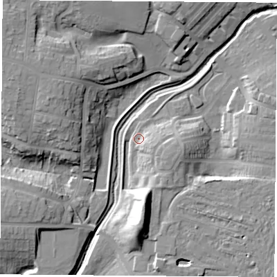 Shaded relief map of the ground around TS190BA, computed from Environment Agency LiDAR. The ground here sits at about 8 m above sea level and falls 18 m across the surrounding 800 m. Surface water reaching this point runs off ground lying to the east-south-east, 6.1 m higher.