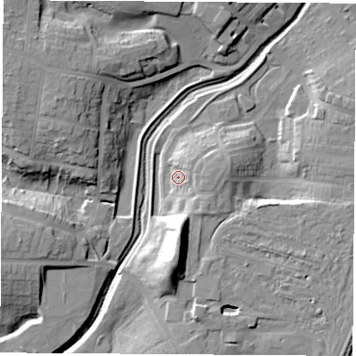 Shaded relief map of the ground around TS190BE, computed from Environment Agency LiDAR. The ground here sits at about 10 m above sea level and falls 18 m across the surrounding 800 m. Surface water reaching this point runs off ground lying to the east, 4.9 m higher.