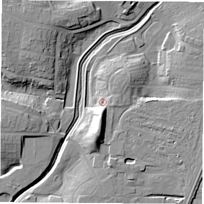Shaded relief map of the ground around TS190BG, computed from Environment Agency LiDAR. The ground here sits at about 11 m above sea level and falls 18 m across the surrounding 800 m. Surface water reaching this point runs off ground lying to the south, 13.6 m higher.
