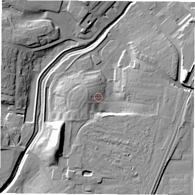 Shaded relief map of the ground around TS190BH, computed from Environment Agency LiDAR. The ground here sits at about 10 m above sea level and falls 18 m across the surrounding 800 m. Surface water reaching this point runs off ground lying to the west, 6.0 m higher.