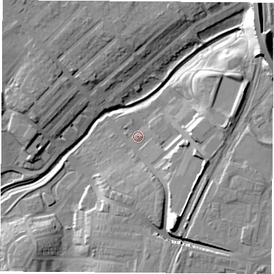 Shaded relief map of the ground around TS190BS, computed from Environment Agency LiDAR. The ground here sits at about 9 m above sea level and falls 17 m across the surrounding 800 m. Surface water reaching this point runs off ground lying to the east-south-east, 2.3 m higher.