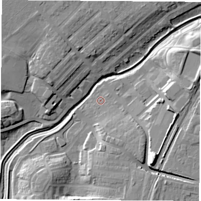 Shaded relief map of the ground around TS190DA, computed from Environment Agency LiDAR. The ground here sits at about 7 m above sea level and falls 17 m across the surrounding 800 m. Surface water reaching this point runs off ground lying to the south-east, 6.5 m higher.