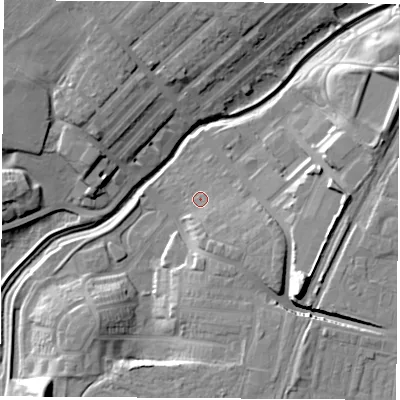 Shaded relief map of the ground around TS190DB, computed from Environment Agency LiDAR. The ground here sits at about 8 m above sea level and falls 17 m across the surrounding 800 m. Surface water reaching this point runs off ground lying to the south-south-east, 5.0 m higher.