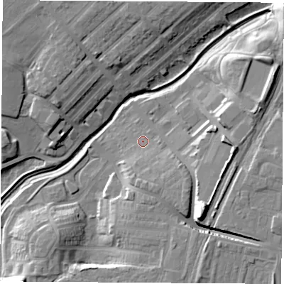 Shaded relief map of the ground around TS190DD, computed from Environment Agency LiDAR. The ground here sits at about 8 m above sea level and falls 17 m across the surrounding 800 m. Surface water reaching this point runs off ground lying to the south-east, 5.6 m higher.