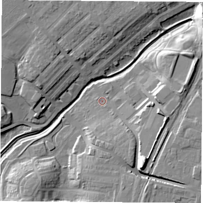 Shaded relief map of the ground around TS190DE, computed from Environment Agency LiDAR. The ground here sits at about 8 m above sea level and falls 17 m across the surrounding 800 m. Surface water reaching this point runs off ground lying to the south-south-east, 12.9 m higher.