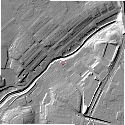 Shaded relief map of the ground around TS190DF, computed from Environment Agency LiDAR. The ground here sits at about 8 m above sea level and falls 17 m across the surrounding 800 m. Surface water reaching this point runs off ground lying to the south-south-east, 0.6 m higher.