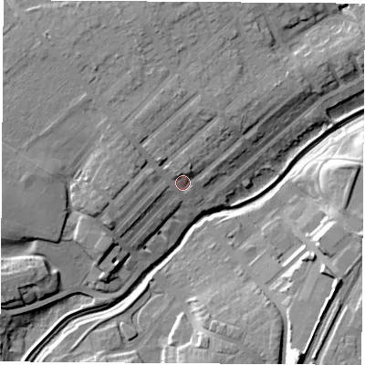 Shaded relief map of the ground around TS190DG, computed from Environment Agency LiDAR. The ground here sits at about 12 m above sea level and falls 16 m across the surrounding 800 m. Surface water reaching this point runs off ground lying to the north-west, 8.1 m higher.