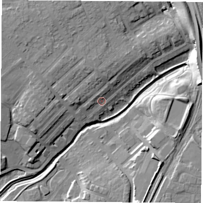 Shaded relief map of the ground around TS190EU, computed from Environment Agency LiDAR. The ground here sits at about 10 m above sea level and falls 17 m across the surrounding 800 m. Surface water reaching this point runs off ground lying to the north-north-east, 3.6 m higher.