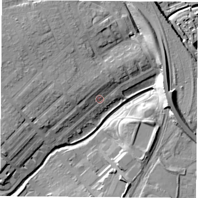 Shaded relief map of the ground around TS190EX, computed from Environment Agency LiDAR. The ground here sits at about 10 m above sea level and falls 17 m across the surrounding 800 m. Surface water reaching this point runs off ground lying to the west, 6.9 m higher.