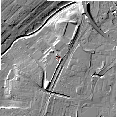 Shaded relief map of the ground around TS190GA, computed from Environment Agency LiDAR. The ground here sits at about 14 m above sea level and falls 17 m across the surrounding 800 m. Surface water reaching this point runs off ground lying to the south-east, 3.0 m higher.