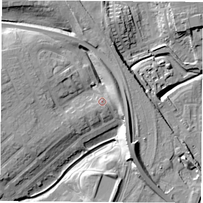 Shaded relief map of the ground around TS190HB, computed from Environment Agency LiDAR. The ground here sits at about 12 m above sea level and falls 18 m across the surrounding 800 m. Surface water reaching this point runs off ground lying to the south-south-west, 2.3 m higher.