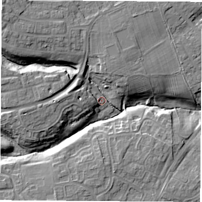 Shaded relief map of the ground around TS198BE, computed from Environment Agency LiDAR. The ground here sits at about 16 m above sea level and falls 16 m across the surrounding 800 m. Surface water reaching this point runs off ground lying to the west, 11.7 m higher.