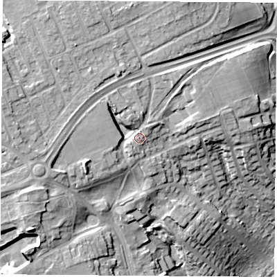 Shaded relief map of the ground around TS201LG, computed from Environment Agency LiDAR. The ground here sits at about 24 m above sea level and falls 26 m across the surrounding 800 m. Surface water reaching this point runs off ground lying to the west, 5.4 m higher.