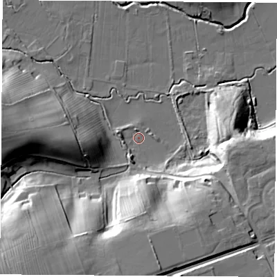 Shaded relief map of the ground around TS201PF, computed from Environment Agency LiDAR. The ground here sits at about 9 m above sea level and falls 26 m across the surrounding 800 m. Surface water reaching this point runs off ground lying to the south, 17.1 m higher.