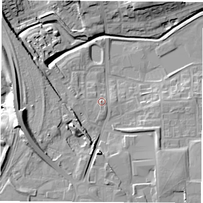 Shaded relief map of the ground around TS202AH, computed from Environment Agency LiDAR. The ground here sits at about 10 m above sea level and falls 19 m across the surrounding 800 m. Surface water reaching this point runs off ground lying to the south-west, 5.7 m higher.