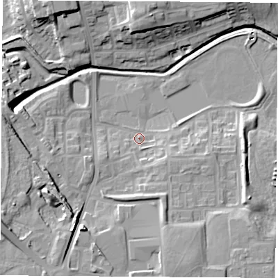 Shaded relief map of the ground around TS202AY, computed from Environment Agency LiDAR. The ground here sits at about 6 m above sea level and falls 16 m across the surrounding 800 m. Surface water reaching this point runs off ground lying to the west-south-west, 11.6 m higher.