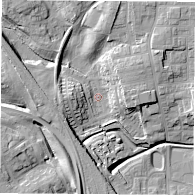 Shaded relief map of the ground around TS202DF, computed from Environment Agency LiDAR. The ground here sits at about 6 m above sea level and falls 15 m across the surrounding 800 m. Surface water reaching this point runs off ground lying to the north-east, 11.4 m higher.