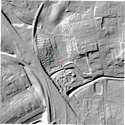 Shaded relief map of the ground around TS202DG, computed from Environment Agency LiDAR. The ground here sits at about 6 m above sea level and falls 18 m across the surrounding 800 m. Surface water reaching this point runs off ground lying to the north-east, 12.1 m higher.