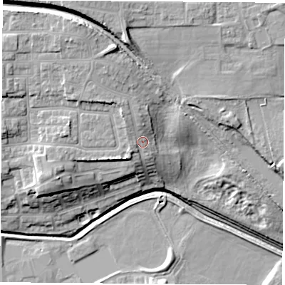 Shaded relief map of the ground around TS202EY, computed from Environment Agency LiDAR. The ground here sits at about 13 m above sea level and falls 18 m across the surrounding 800 m. Surface water reaching this point runs off ground lying to the north-west, 3.8 m higher.