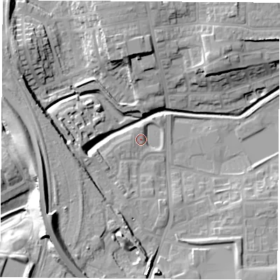 Shaded relief map of the ground around TS202FZ, computed from Environment Agency LiDAR. The ground here sits at about 7 m above sea level and falls 18 m across the surrounding 800 m. Surface water reaching this point runs off ground lying to the west-south-west, 4.3 m higher.