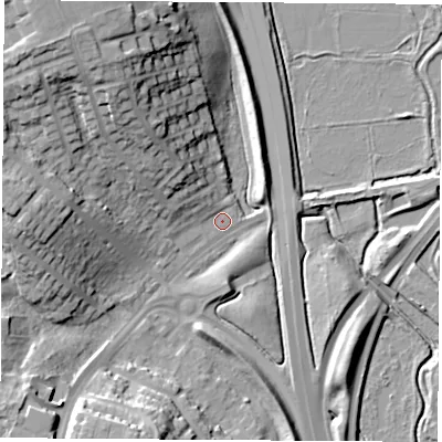 Shaded relief map of the ground around TS202UF, computed from Environment Agency LiDAR. The ground here sits at about 5 m above sea level and falls 24 m across the surrounding 800 m. Surface water reaching this point runs off ground lying to the north-west, 4.6 m higher.
