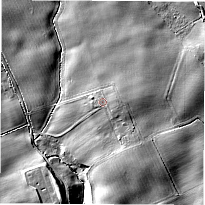 Shaded relief map of the ground around TS211BT, computed from Environment Agency LiDAR. The ground here sits at about 42 m above sea level and falls 14 m across the surrounding 800 m. Surface water reaching this point runs off ground lying to the east, 1.4 m higher.