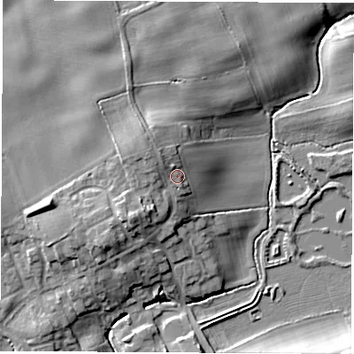 Shaded relief map of the ground around TS211DT, computed from Environment Agency LiDAR. The ground here sits at about 50 m above sea level and falls 13 m across the surrounding 800 m. Surface water reaching this point runs off ground lying to the north-west, 2.2 m higher.