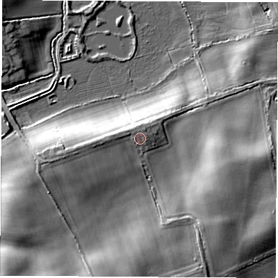 Shaded relief map of the ground around TS211ED, computed from Environment Agency LiDAR. The ground here sits at about 50 m above sea level and falls 14 m across the surrounding 800 m. Surface water reaching this point runs off ground lying to the west, 1.4 m higher.