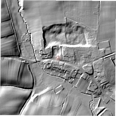 Shaded relief map of the ground around TS211HE, computed from Environment Agency LiDAR. The ground here sits at about 49 m above sea level and falls 19 m across the surrounding 800 m. Surface water reaching this point runs off ground lying to the east-north-east, 9.6 m higher.
