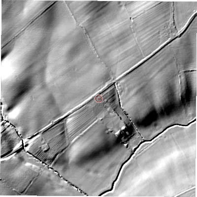 Shaded relief map of the ground around TS211HJ, computed from Environment Agency LiDAR. The ground here sits at about 58 m above sea level and falls 18 m across the surrounding 800 m. Surface water reaching this point runs off ground lying to the west-north-west, 1.5 m higher.