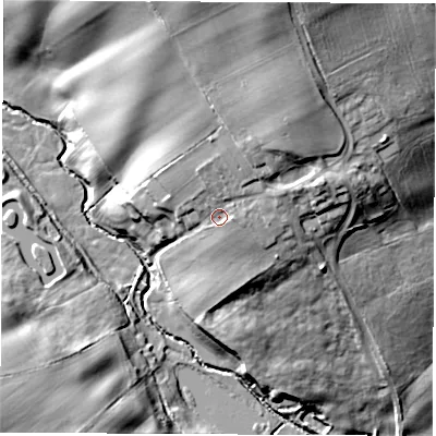 Shaded relief map of the ground around TS211LH, computed from Environment Agency LiDAR. The ground here sits at about 48 m above sea level and falls 33 m across the surrounding 800 m. Surface water reaching this point runs off ground lying to the north-north-east, 11.8 m higher.