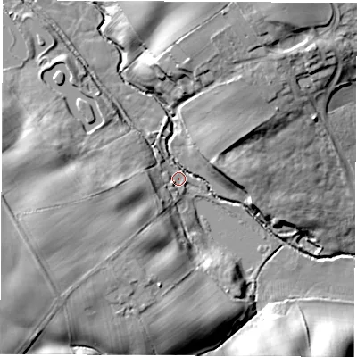 Shaded relief map of the ground around TS211LJ, computed from Environment Agency LiDAR. The ground here sits at about 31 m above sea level and falls 27 m across the surrounding 800 m. Surface water reaching this point runs off ground lying to the north-north-east, 26.3 m higher.