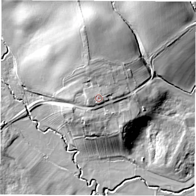 Shaded relief map of the ground around TS211LX, computed from Environment Agency LiDAR. The ground here sits at about 53 m above sea level and falls 23 m across the surrounding 800 m. Surface water reaching this point runs off ground lying to the north-north-east, 1.2 m higher.