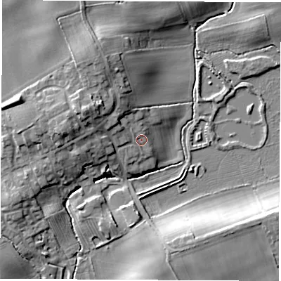 Shaded relief map of the ground around TS211QB, computed from Environment Agency LiDAR. The ground here sits at about 45 m above sea level and falls 13 m across the surrounding 800 m. Surface water reaching this point runs off ground lying to the north-west, 3.6 m higher.