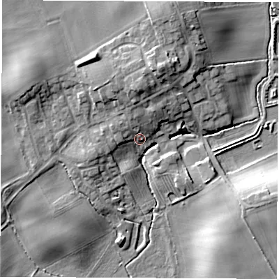Shaded relief map of the ground around TS211QE, computed from Environment Agency LiDAR. The ground here sits at about 46 m above sea level and falls 13 m across the surrounding 800 m. Surface water reaching this point runs off ground lying to the north-west, 4.0 m higher.