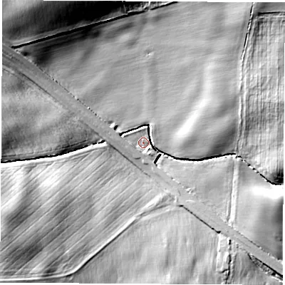 Shaded relief map of the ground around TS213HR, computed from Environment Agency LiDAR. The ground here sits at about 84 m above sea level and falls 16 m across the surrounding 800 m. Surface water reaching this point runs off ground lying to the north-west, 15.3 m higher.