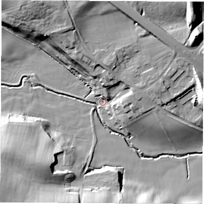 Shaded relief map of the ground around TS213JR, computed from Environment Agency LiDAR. The ground here sits at about 23 m above sea level and falls 29 m across the surrounding 800 m. Surface water reaching this point runs off ground lying to the north-west, 26.9 m higher.