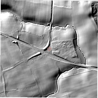 Shaded relief map of the ground around TS213LB, computed from Environment Agency LiDAR. The ground here sits at about 45 m above sea level and falls 28 m across the surrounding 800 m. Surface water reaching this point runs off ground lying to the west-north-west, 3.8 m higher.