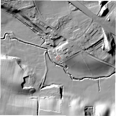 Shaded relief map of the ground around TS213LJ, computed from Environment Agency LiDAR. The ground here sits at about 25 m above sea level and falls 26 m across the surrounding 800 m. Surface water reaching this point runs off ground lying to the north-east, 11.4 m higher.