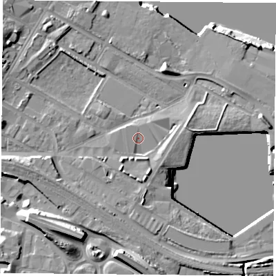 Shaded relief map of the ground around TS21AD, computed from Environment Agency LiDAR. The ground here sits at about 5 m above sea level and falls 14 m across the surrounding 800 m. Surface water reaching this point runs off ground lying to the south, 3.1 m higher.