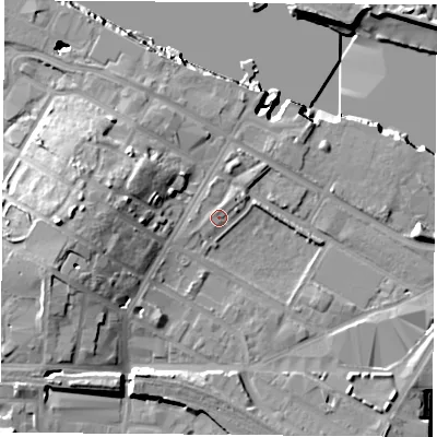 Shaded relief map of the ground around TS21DH, computed from Environment Agency LiDAR. The ground here sits at about 5 m above sea level and falls 19 m across the surrounding 800 m. Surface water reaching this point runs off ground lying to the west-south-west, 1.3 m higher.