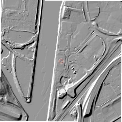 Shaded relief map of the ground around TS21EQ, computed from Environment Agency LiDAR. The ground here sits at about 6 m above sea level and falls 17 m across the surrounding 800 m. The ground contributing surface water to this point lies to the north.