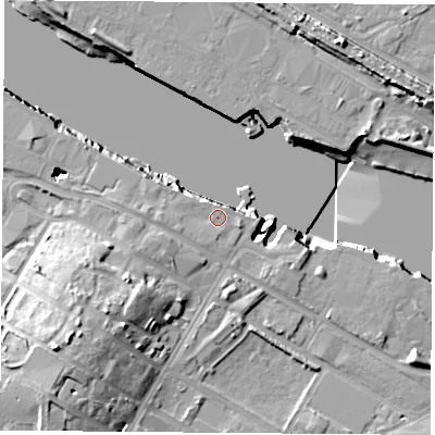 Shaded relief map of the ground around TS21JR, computed from Environment Agency LiDAR. The ground here sits at about 5 m above sea level and falls 19 m across the surrounding 800 m. Surface water reaching this point runs off ground lying to the south-south-west, 1.1 m higher.