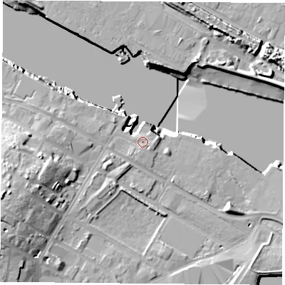 Shaded relief map of the ground around TS21PL, computed from Environment Agency LiDAR. The ground here sits at about 5 m above sea level and falls 18 m across the surrounding 800 m. Surface water reaching this point runs off ground lying to the east, 0.9 m higher.
